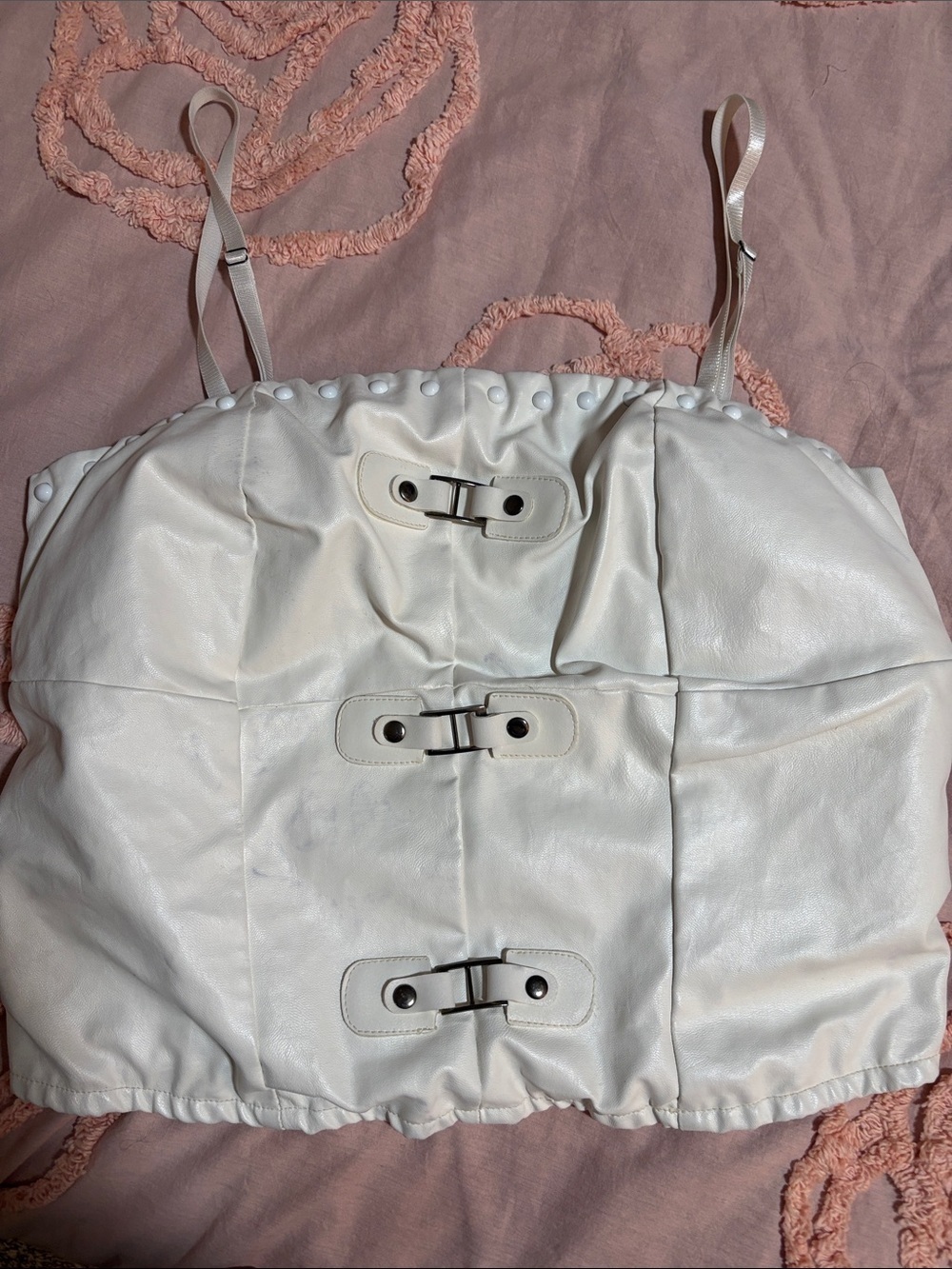 White Faux Leather Buckle Crop Top - Women 3X